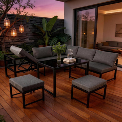 Fenchilin Garden 7 Seater Lounge Set Modular Corner Sofa With Adjustable Reclining Seating, With 2 Stools And Table - image 1