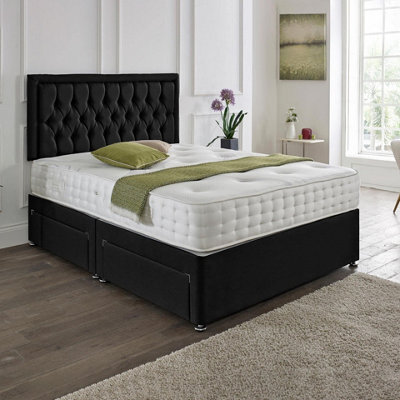 Dining Tables Lisbon Matching Headboard Divan Set, 2 Drawer On Same Side With Sprung 1500 Comfort Mattress - Damask Fabric Black - Double - image 1
