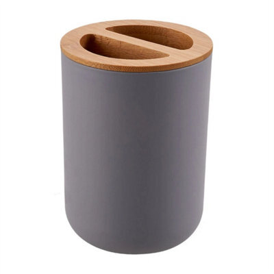 Grey 6Pcs Bathroom Set Bamboo Wood Bin Soap Dispenser Toothbrush Tumbler Toilet Brush - image 1