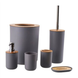 Grey 6Pcs Bathroom Set Bamboo Wood Bin Soap Dispenser Toothbrush Tumbler Toilet Brush - thumbnail 6