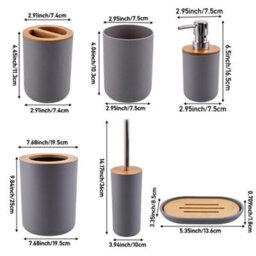 Grey 6Pcs Bathroom Set Bamboo Wood Bin Soap Dispenser Toothbrush Tumbler Toilet Brush - thumbnail 2
