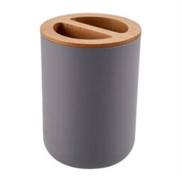 Grey 6Pcs Bathroom Set Bamboo Wood Bin Soap Dispenser Toothbrush Tumbler Toilet Brush - thumbnail 1