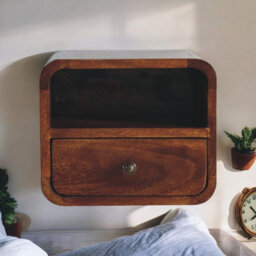 Artisan Furniture Solid Wood Extra Mini Wall Mounted Curved Chestnut Bedside With Open Slot - thumbnail 3