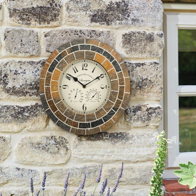 Marco Paul 34Cm Stone Slate Outside Clock And Thermometer For Garden - image 1