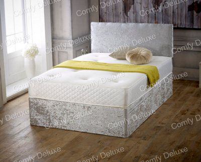 Comfy Deluxe 4Ft6 Double Silver Crushed Velvet Divan Bed Set With Memory Mattress And Headboard 2 Drawers One Each Side