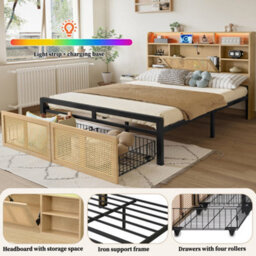 Matteo 4Ft6 Double Wooden Bed Frame With Led Headboard, Usb Charging, Storage & Rattan-Style Drawer - thumbnail 8