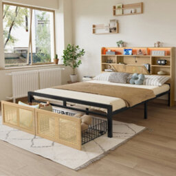 Matteo 4Ft6 Double Wooden Bed Frame With Led Headboard, Usb Charging, Storage & Rattan-Style Drawer