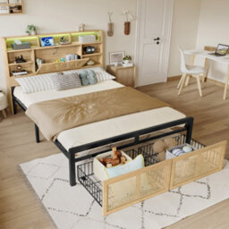 Matteo 4Ft6 Double Wooden Bed Frame With Led Headboard, Usb Charging, Storage & Rattan-Style Drawer - thumbnail 3
