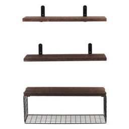 Thehotsale Dark Brown Wooden Wall Floating Shelves Set Of 3 With Basket - thumbnail 2