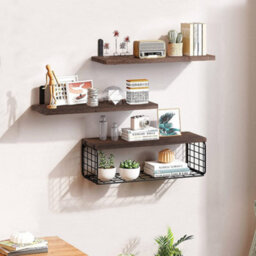 Thehotsale Dark Brown Wooden Wall Floating Shelves Set Of 3 With Basket - thumbnail 1