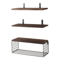Thehotsale Dark Brown Wooden Wall Floating Shelves Set Of 3 With Basket - thumbnail 4