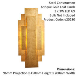 Antique Gold Leaf Panel Wall Light Fitting - Twin G9 Led - Decorative Sconce - thumbnail 2