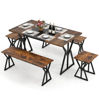 Costway 5-Piece Dining Room Set For 4-6 People Industrial Rectangular Kitchen Table With 2 Benches & 2 Stools - image 1
