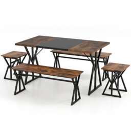 Costway 5-Piece Dining Room Set For 4-6 People Industrial Rectangular Kitchen Table With 2 Benches & 2 Stools - thumbnail 5