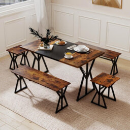 Costway 5-Piece Dining Room Set For 4-6 People Industrial Rectangular Kitchen Table With 2 Benches & 2 Stools - thumbnail 4