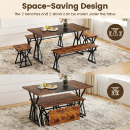 Costway 5-Piece Dining Room Set For 4-6 People Industrial Rectangular Kitchen Table With 2 Benches & 2 Stools - thumbnail 7