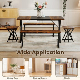 Costway 5-Piece Dining Room Set For 4-6 People Industrial Rectangular Kitchen Table With 2 Benches & 2 Stools - thumbnail 6