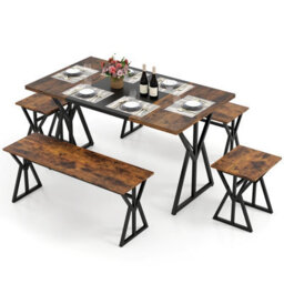 Costway 5-Piece Dining Room Set For 4-6 People Industrial Rectangular Kitchen Table With 2 Benches & 2 Stools
