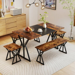 Costway 5-Piece Dining Room Set For 4-6 People Industrial Rectangular Kitchen Table With 2 Benches & 2 Stools - thumbnail 3