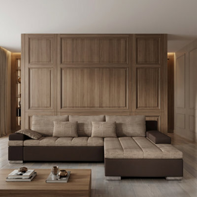 Bangkok Corner Sofa Bed Has Storage And Sleep Function Metal Legs Wooden Frame Foam Filling Light Brown And Brown Right - image 1
