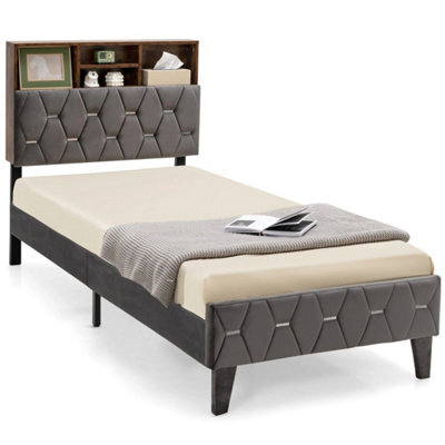 Modern Single Bed Frame Velvet Upholstered Platform Bed Mattress Foundation - image 1