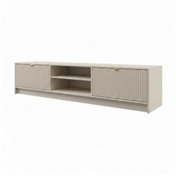 Tv Stand Tireno 2K 180 Cm White Sand Beige Ribbed Media Unit Cabinet Gold Handles Living Room Furniture Glamour Style - thumbnail 2