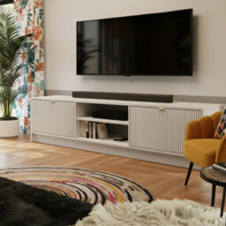 Tv Stand Tireno 2K 180 Cm White Sand Beige Ribbed Media Unit Cabinet Gold Handles Living Room Furniture Glamour Style