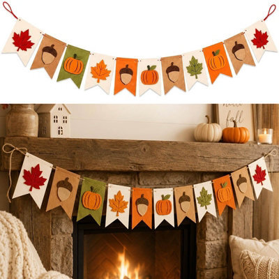 Amorly 11 Flags Fall Felt Garland Banner Autumn Pumpkin Maple Leaf Acorn Hanging Bunting, Thanksgiving Mantel Decor With Hanging String - image 1
