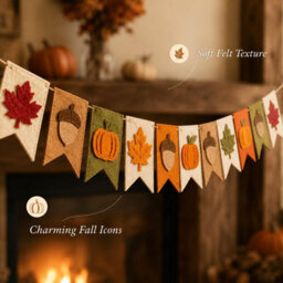Amorly 11 Flags Fall Felt Garland Banner Autumn Pumpkin Maple Leaf Acorn Hanging Bunting, Thanksgiving Mantel Decor With Hanging String - thumbnail 7