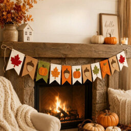 Amorly 11 Flags Fall Felt Garland Banner Autumn Pumpkin Maple Leaf Acorn Hanging Bunting, Thanksgiving Mantel Decor With Hanging String - thumbnail 9