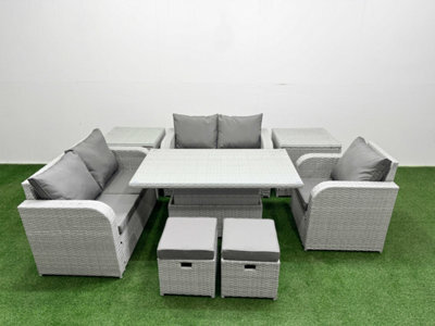 Fimous High Back Poly Rattan Garden Furniture Set Reclining Chair Loveseat Sofa Indoor Outdoor Set 2 Stool 2 Side Table - image 1