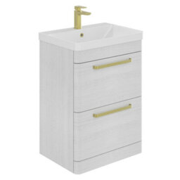 Plum&clay Emery Textured White Floor Standing Bathroom Vanity Unit & Basin Set With Gold Handles (W)60Cm (H)86Cm