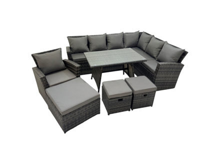 Fimous 10 Seater Garden Outdoor Rattan Furniture Set Rattan Corner Sofa Oblong Dining Table With Armchair 3 Footstools - image 1