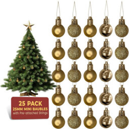 Festive Fix Gold Mini Christmas Baubles 25 Pack Shatterproof Small Ornaments For Xmas Tree Decorations Matte Gloss Glitter