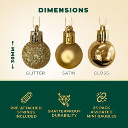 Festive Fix Gold Mini Christmas Baubles 25 Pack Shatterproof Small Ornaments For Xmas Tree Decorations Matte Gloss Glitter - thumbnail 2