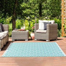 Diamond Pattern Garden Patio Rug - Weatherproof, Mould & Mildew Resistant Indoor Outdoor Mat - Teal, Measures 80 X 150Cm - thumbnail 1