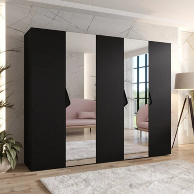 Arte Sandi Ii Hinged Door Wardrobe 250Cm - Black Modern Mirrored Wardrobe With Multi-Rail Storage And Shelves - image 1