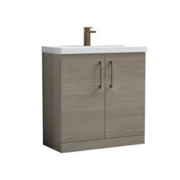 Balterley Bramshall Contemporary Bathroom Floor Standing 2-Door Vanity Unit & Mid-Edge Basin, Solace Oak, 800mm - thumbnail 1