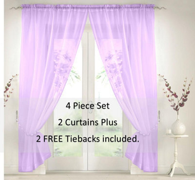Luxury Living Elegant Plain Voile Curtain Panels Pair With Free Tie Backs Lavender - image 1