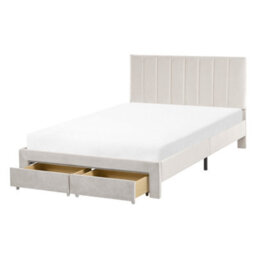 Beliani Bed With Storage Drawers Lonzac Velvet Off-White 120 X 200 Cm (Eu Small Double)