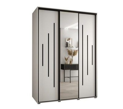 Arte Pristine White Mirrored Cannes Xiii Sliding Wardrobe H2050mm W1700mm D600mm With Custom Black Steel Handles And Decorative Strips - image 1