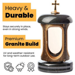 Novecrafto Round Granite Memorial Lantern H 22Cm Large Black With Gold Graveside Candle Lantern With Cross For Cemetery & Remembrance Gift - thumbnail 2
