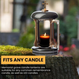 Novecrafto Round Granite Memorial Lantern H 22Cm Large Black With Gold Graveside Candle Lantern With Cross For Cemetery & Remembrance Gift - thumbnail 5