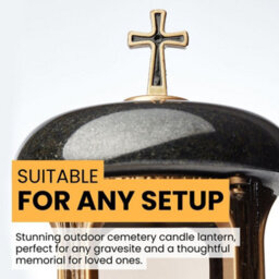 Novecrafto Round Granite Memorial Lantern H 22Cm Large Black With Gold Graveside Candle Lantern With Cross For Cemetery & Remembrance Gift - thumbnail 4