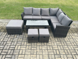 Fimous Rattan Corner Sofa Garden Furniture Set With 3 Footstools Rectangular Coffee Table With Cushion Dark Grey Mixed - thumbnail 1