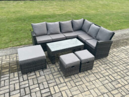 Fimous Rattan Corner Sofa Garden Furniture Set With 3 Footstools Rectangular Coffee Table With Cushion Dark Grey Mixed - thumbnail 2