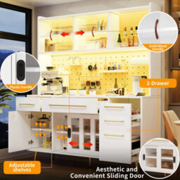 Btm Led Tall Sideboard With Pegboard, Drawer And Glass Shelves, Kitchen/living Room Cabinet, White - thumbnail 8