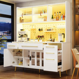 Btm Led Tall Sideboard With Pegboard, Drawer And Glass Shelves, Kitchen/living Room Cabinet, White - thumbnail 5