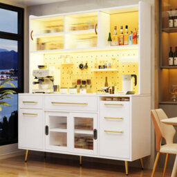 Btm Led Tall Sideboard With Pegboard, Drawer And Glass Shelves, Kitchen/living Room Cabinet, White - thumbnail 4
