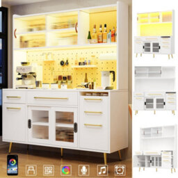 Btm Led Tall Sideboard With Pegboard, Drawer And Glass Shelves, Kitchen/living Room Cabinet, White